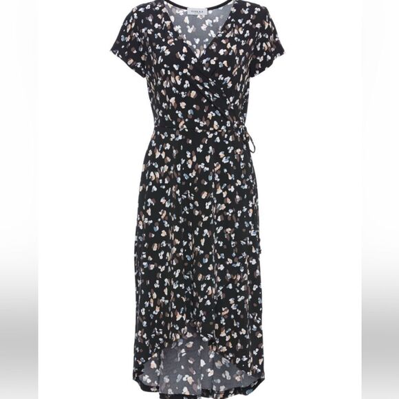 GILLI FAUX WRAP SHORT SLEEVE DRESS BLACK MULTI XS NWT - Picture 1 of 4